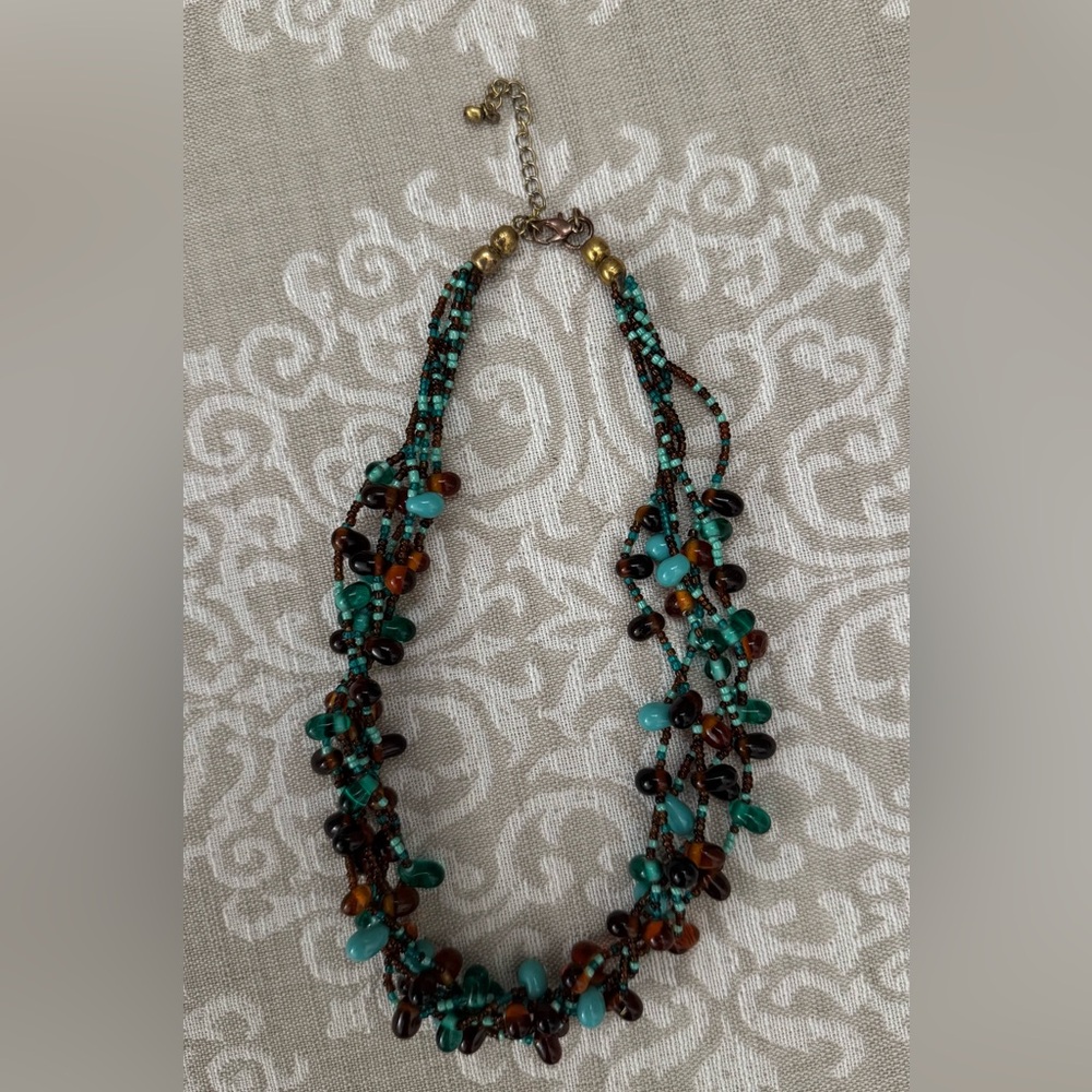 Elegant Multi-Strand Green Turquoise Brown Beaded Choker Necklace